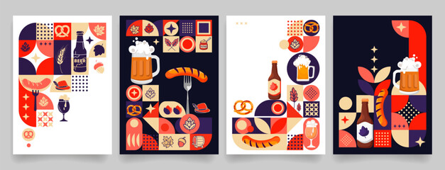 Oktoberfest themed poster templates in modern flat style with retro-modern and geometric minimalist elements featuring beer, pretzels, sausages, traditional German festival icons. Vector illustration