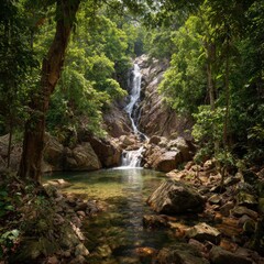 Fototapeta premium A serene waterfall cascading down a rocky cliff into a clear pool, surrounded by lush greenery