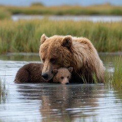 Fototapeta premium A tender moment shared between a mother bear and her cub in a serene, watery environment. The bond between them is palpable, with the cub nestled close to its mother.