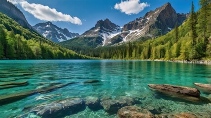 Pristine turquoise lake nestled amongst towering mountains. Lush greenery surrounds the crystal-clear water