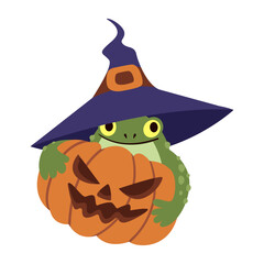 Cute cartoon frog wearing a witch hat and holding a carved Halloween pumpkin. Funny flat style illustration perfect for Halloween decor, children’s prints, greeting cards, and seasonal design.