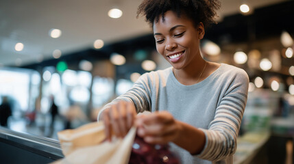 Smiling shop assistant holding a bag of dried fruits in a modern eco grocery store.
