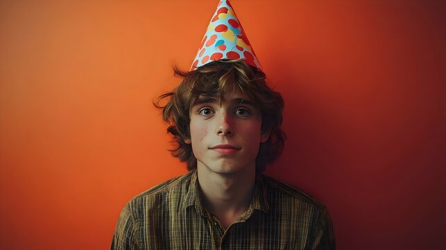 A smiling young man wears a party hat, celebrating a special occasion.