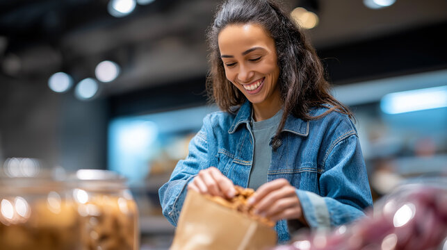 Smiling shop assistant holding a bag of dried fruits in a modern eco grocery store.
 - Powered by Adobe