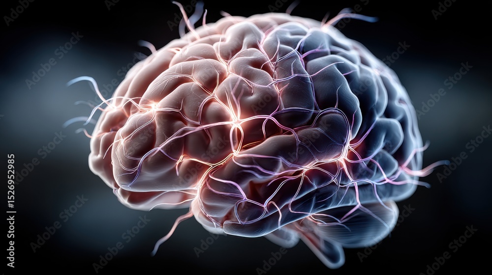Poster intricate details of a human brain are illuminated, highlighting neural pathways and connections set