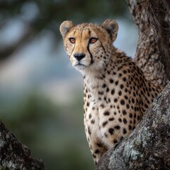 Fototapeta premium A cheetah perched gracefully on a tree branch, gazing intensely at the surroundings. The cheetah has a distinctive spotted coat and a focused gaze.