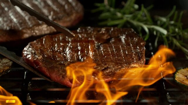 Slow Motion of Turning Beef Steak on a Grill with Roaring Flames . Filmed on High Speed Cinematic Camera at 1000 FPS .