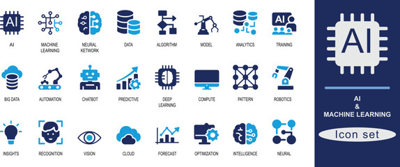 Solid  AI and machine learning icon set. Featuring neural network, chatbot, algorithm, data, robotics, analytics, automation, and cloud. Ideal for tech and UI.