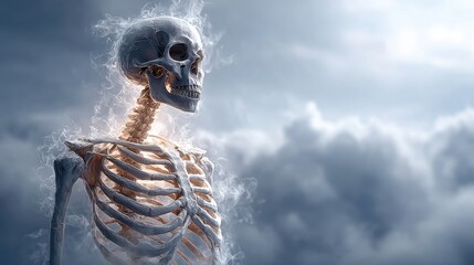 A detailed skeleton stands amidst swirling mist under a cloudy sky. The ethereal atmosphere suggests themes of mystery and the otherworldly, drawing intrigue to the scene.