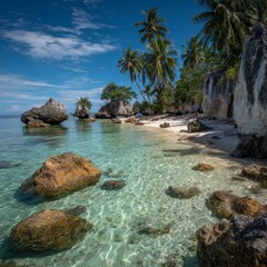 Obraz premium A scenic view of a tropical beach with crystal-clear water, palm trees, and rocky formations on a sunny day