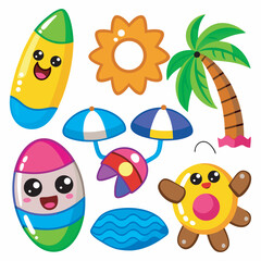 Cute Summer Beach Cartoon Vector Set