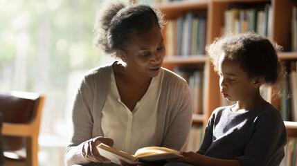 An African American woman reads a book to a young girl in a sunlit library, promoting education and literacy.
