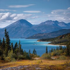 Naklejka premium A serene landscape with a vast lake surrounded by majestic mountains. The tranquil waters reflect the clear blue sky, and the lush greenery adds to the natural beauty