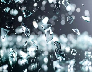Shattered glass fragments in mid-air
