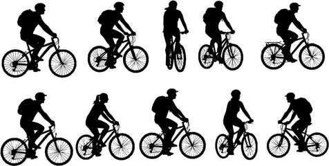 Obraz premium people riding bicycle silhouette set on white background, vector 