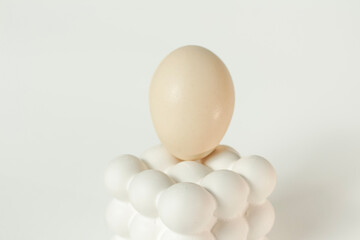 White egg placed on a modern bubble-style egg holder on isolated white background. 