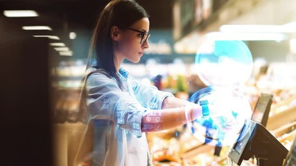 Smartwatch contactless payment at modern supermarket checkout with futuristic HUD display - Powered by Adobe