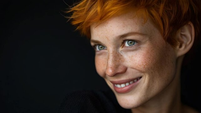 Joyful woman with vibrant short orange pixie cut and freckles