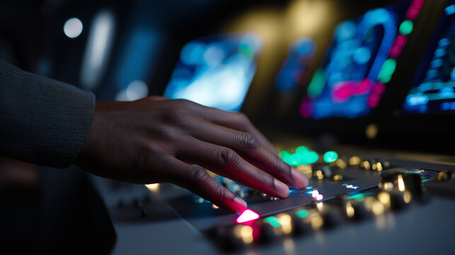 A hand interacts with a glowing, futuristic control panel displaying vibrant data interfaces and buttons.
 - Powered by Adobe