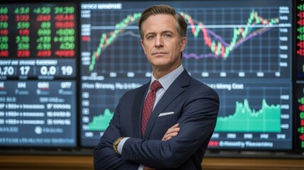 Confident businessman standing with arms crossed in front of stock market screens  