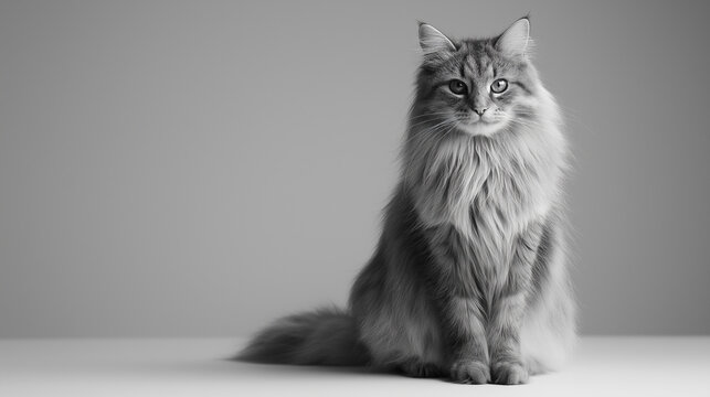 Black and white portrait of a long-haired cat sitting on a table against a plain background.
