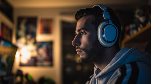Focused young man wearing headphones playing a video game in a dimly lit room.
