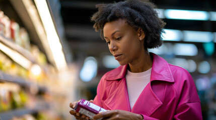 Focused woman reading nutrition label on a product while shopping in a grocery store.
