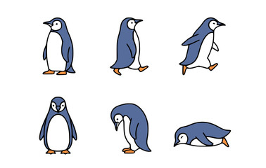 Obraz premium Six penguin characters, each in a different pose. The penguins are stylized, outlined in black, and colored blue and white, offering a cartoon-like feel.