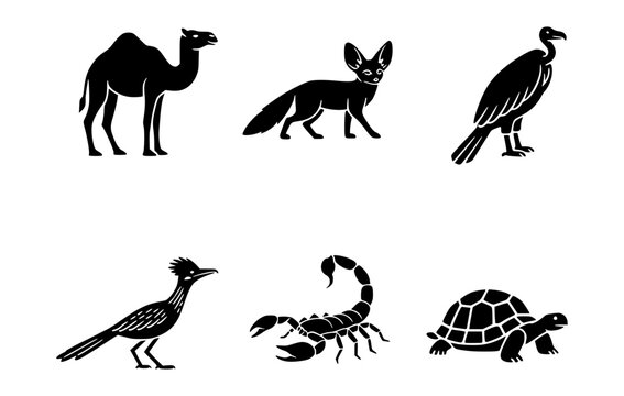 Black silhouettes of six desert animals on display: camel, fox, vulture, roadrunner, scorpion, and tortoise