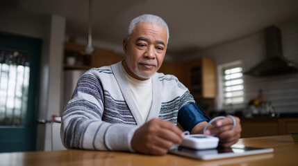Older man checking his blood pressure at home using a digital monitor while referencing a tablet.
