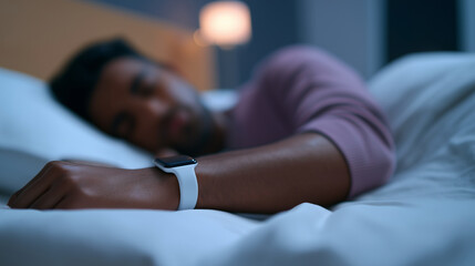 Person sleeping with a fitness tracker on wrist, monitoring health and sleep patterns during the night.
