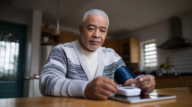 Older man checking his blood pressure at home using a digital monitor while referencing a tablet.