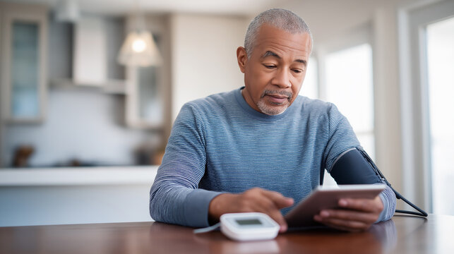 Older man checking his blood pressure at home using a digital monitor while referencing a tablet.