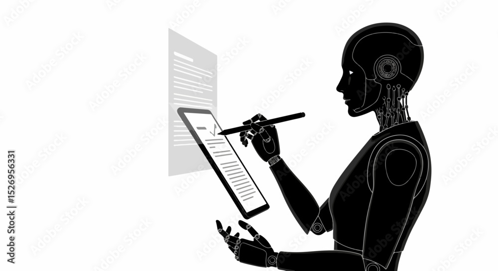 Poster robot signing digital document with stylus future technology concept automation and artificial intel