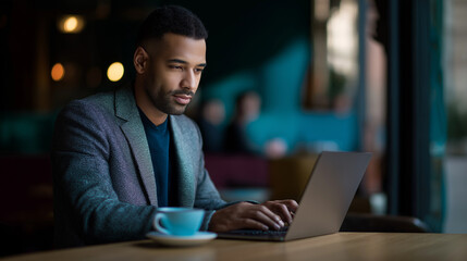 Focused man working on a laptop in a cozy coffee shop.
