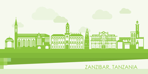 Green Skyline panorama of Zanzibar, Tanzania - vector illustration