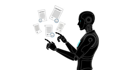 AI Legal Assistant Managing Contracts A Futuristic Depiction of Automated Legal Processes and Smart Contract Management with a Robot Figure on a White Background