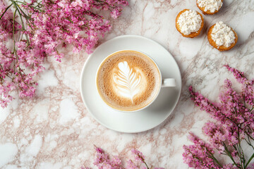 Cup of cappuccino with latte art surrounded by pink flowers and small desserts on marble background. Elegant cozy flat lay, for cafe branding, morning routine, feminine lifestyle, social media content