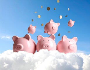 Pink piggy banks on a cloud with coins
