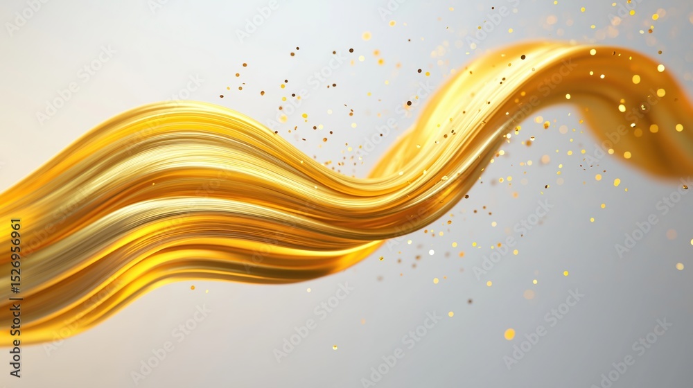 Poster Golden abstract brushstroke swirl floating on light background with smooth flowing texture and elegant metallic shine