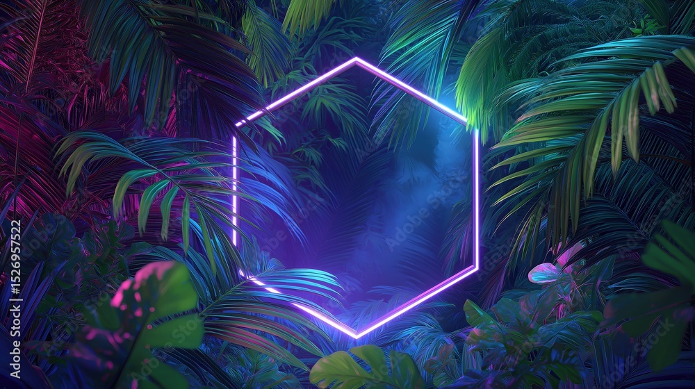 Poster neon hexagon shape glowing in a tropical jungle at night in 80s synthwave style