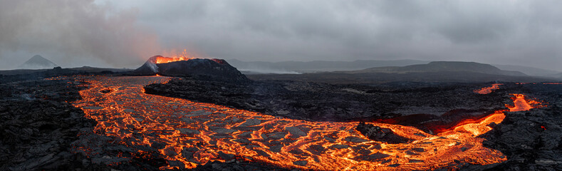 Beautiful aerial panoramatic view of active volcano, Litli - Hrutur, Iceland 2023