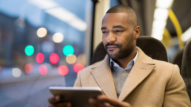 Businessman using a tablet while traveling by train at night with city lights outside the window.
