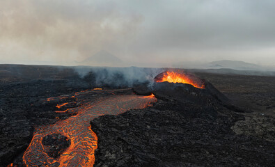 Beautiful aerial panoramatic view of active volcano, Litli - Hrutur, Iceland 2023