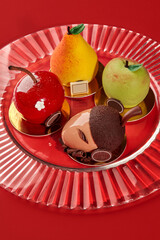 Delicious fruit shaped cakes resembling apple, pear, cherry and acorn on red plate