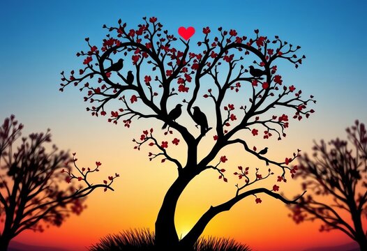 Heart-shaped tree silhouette with birds, intertwined branches, suitable for Valentine's Day or wedding invitations, twigs, valentines day