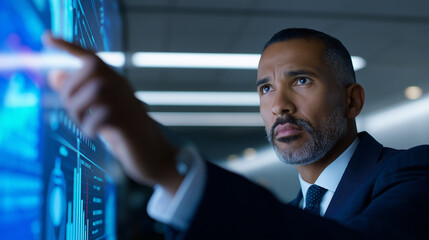 Businessman using a futuristic touch screen interface to analyze financial data in a modern office.
