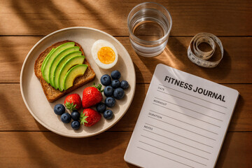 Balanced Healthy Breakfast with Avocado Toast and Fitness Journal