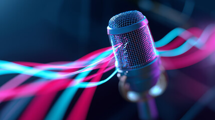 Studio microphone with glowing neon lines symbolizing digital voice recording and sound waves.
