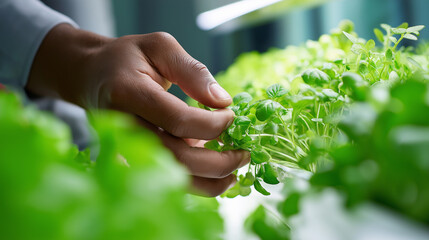 Close-up of a hand inspecting fresh green herbs in an indoor hydroponic farm.
